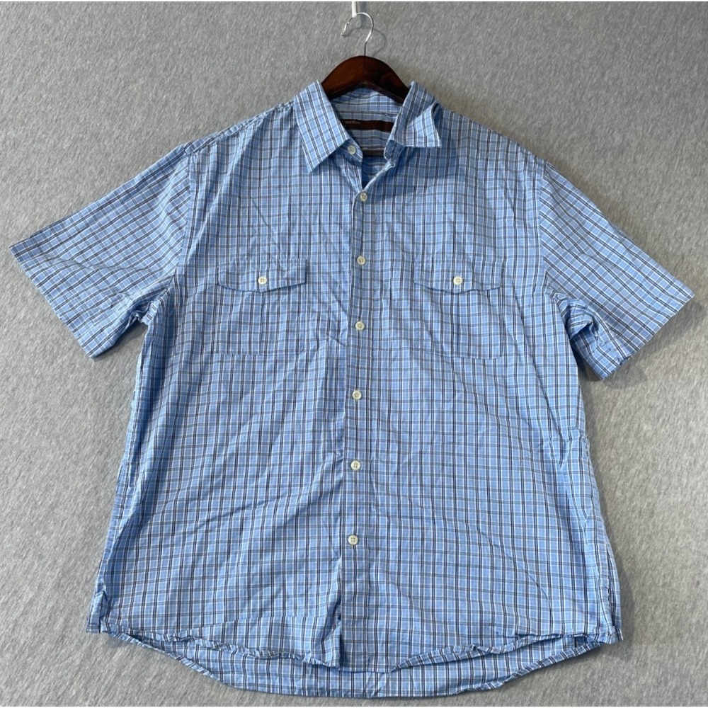Perry Ellis Shirt Men XL Blue Multi Plaid Cotton Short Sleeve Collared Button Up